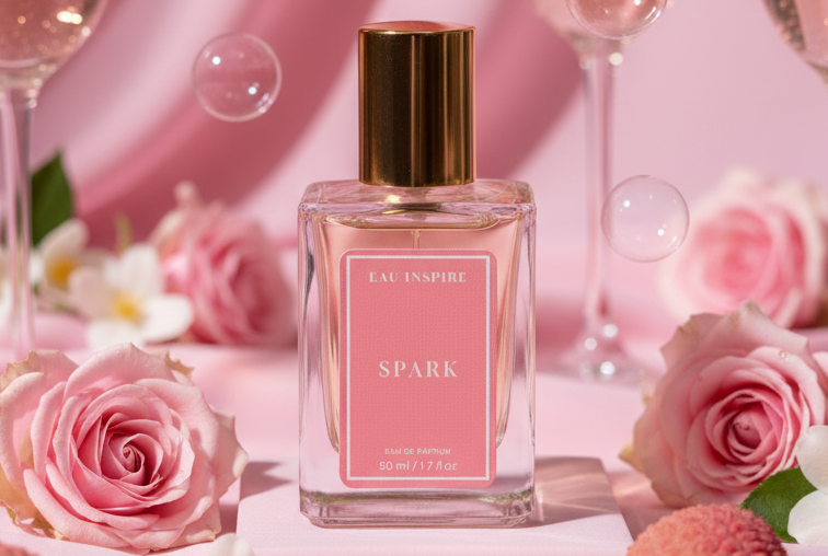 Perfume bottle labeled 'Spark' with champagne glasses and pink roses on a pink background