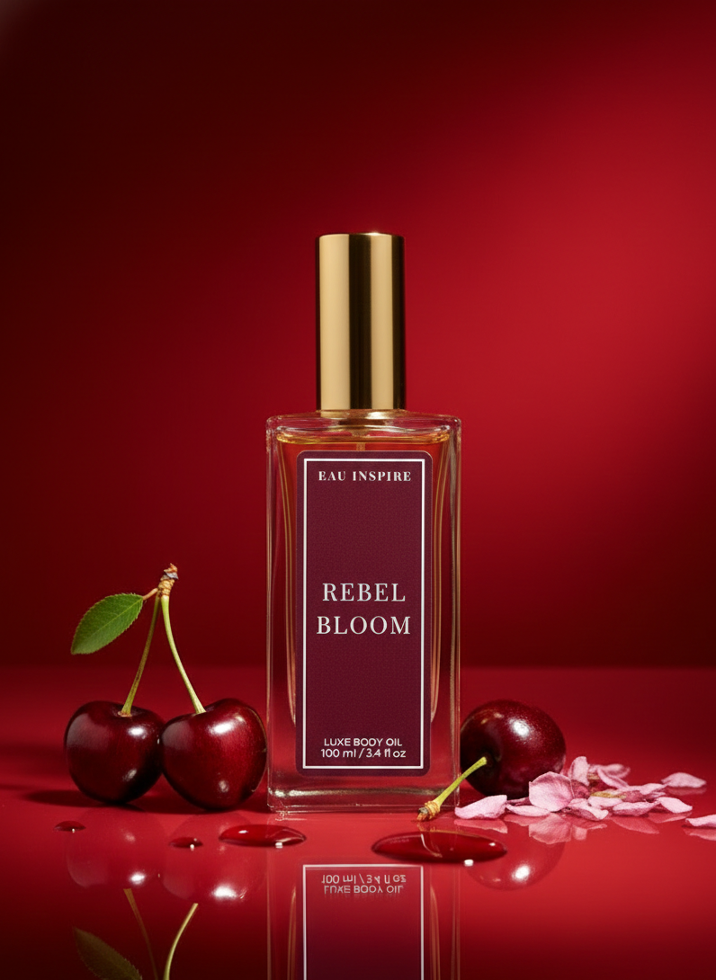 Perfume bottle labeled 'Rebel Bloom' with cherries on a red background