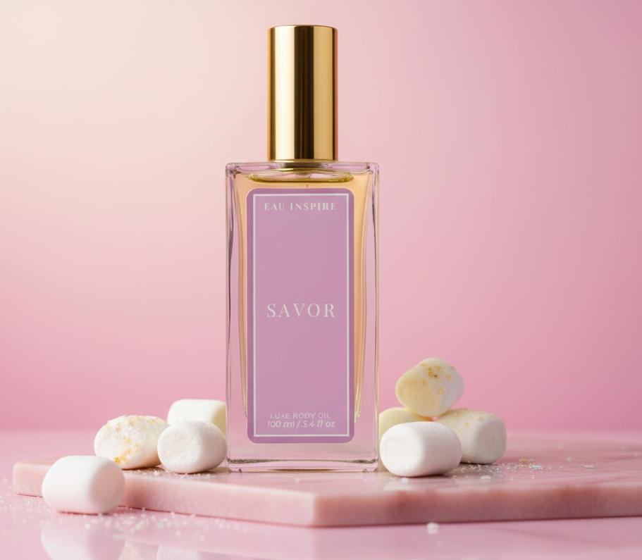 Perfume bottle labeled 'Savor' with marshmallows on a pink background