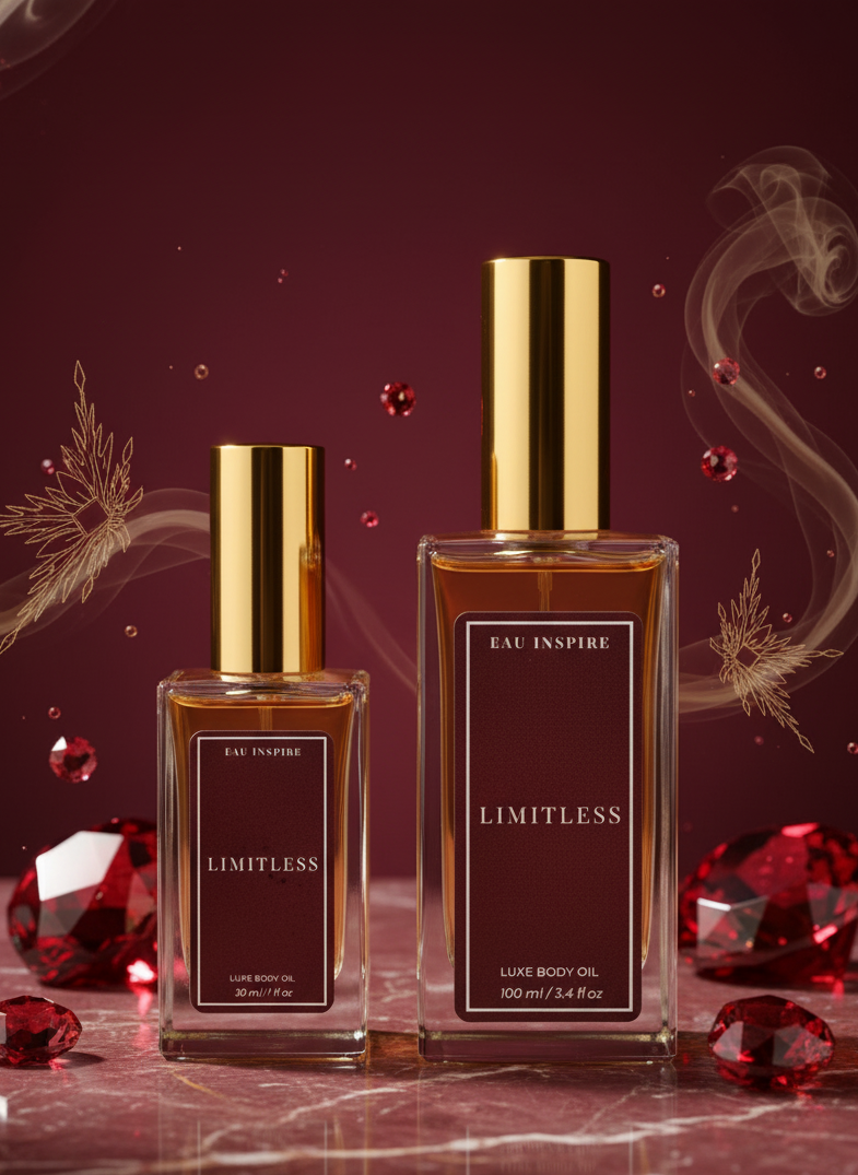 Two body oil  labeled 'Limitless' on a reflective surface with red gemstones and decorative elements.