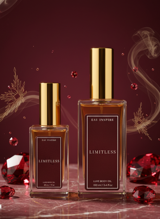Two body oil  labeled 'Limitless' on a reflective surface with red gemstones and decorative elements.