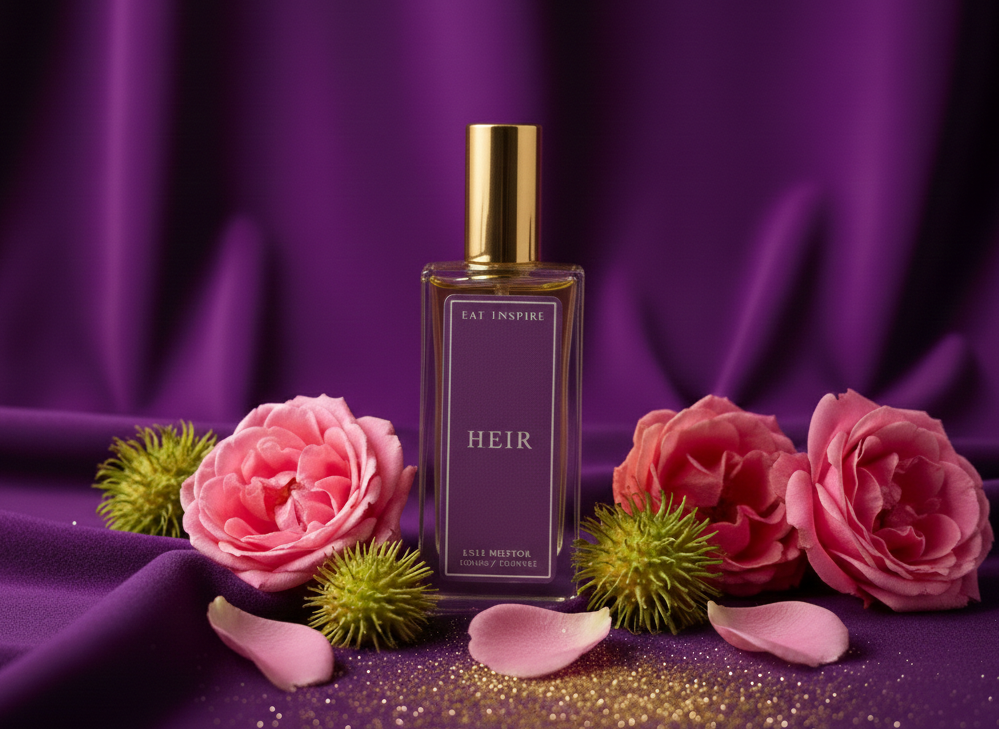 Perfume bottle labeled 'HEIR' with pink flowers and gold accents on a purple fabric background