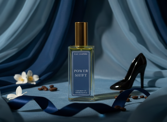 Perfume bottle labeled 'Power Shift' with a high heel and flowers on a blue draped background