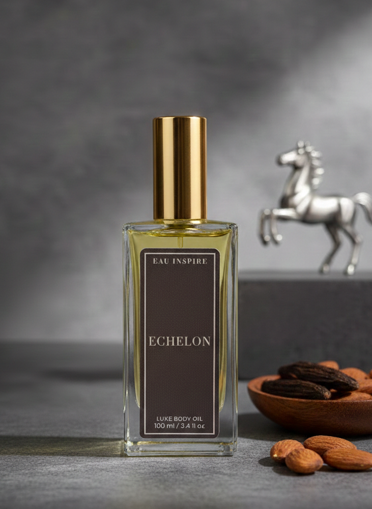 Perfume bottle labeled 'Echelon' with almonds and a horse figurine on a gray surface.