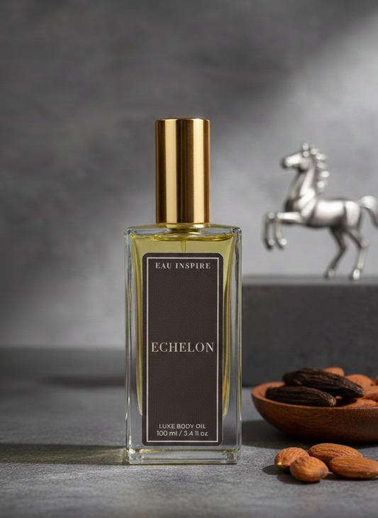 Perfume bottle labeled 'Echelon' with almonds and a horse figurine on a gray surface.