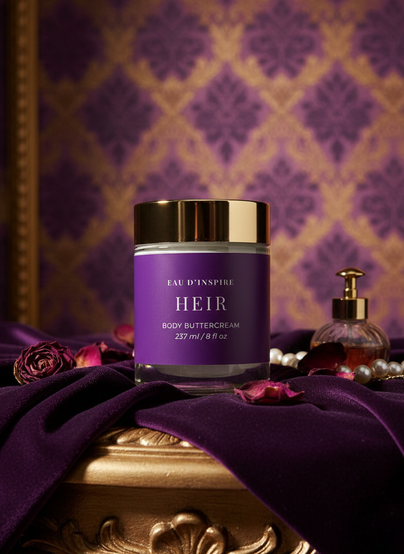 Purple jar of 'Eau d'Inspire Heir' body butter cream on a decorative surface with a patterned purple and gold background.