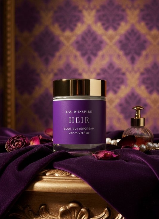 Purple jar of 'Eau d'Inspire Heir' body butter cream on a decorative surface with a patterned purple and gold background.