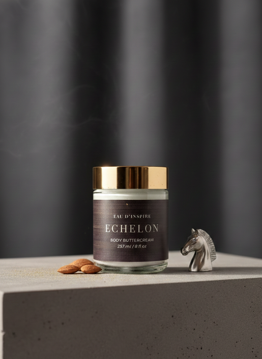 Jar of Echelon body butter cream on a dark background