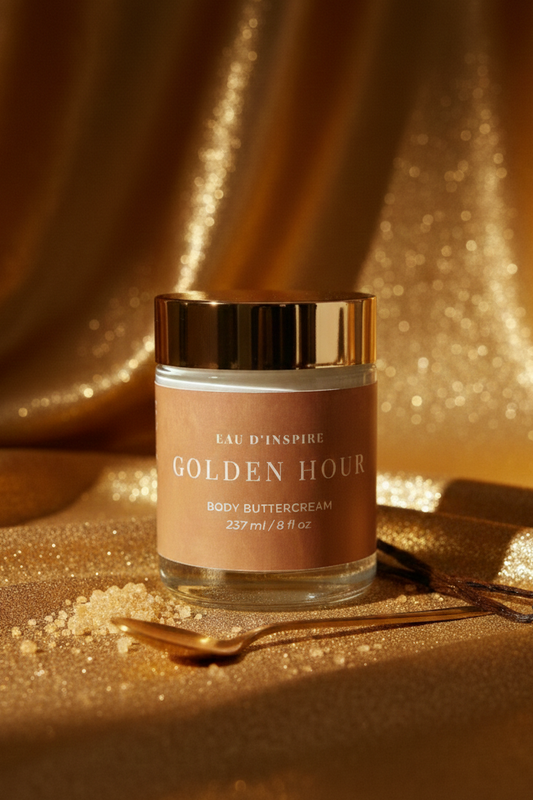 Jar of 'Golden Hour' body butter cream on a gold fabric background
