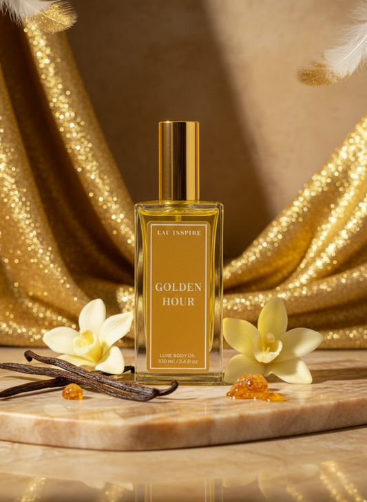 Perfume bottle labeled 'Golden Hour' with vanilla beans and flowers on a gold fabric background