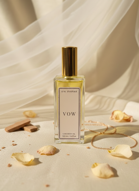 Bottle of 'Vow' body oil with sand and seashells on a sandy background